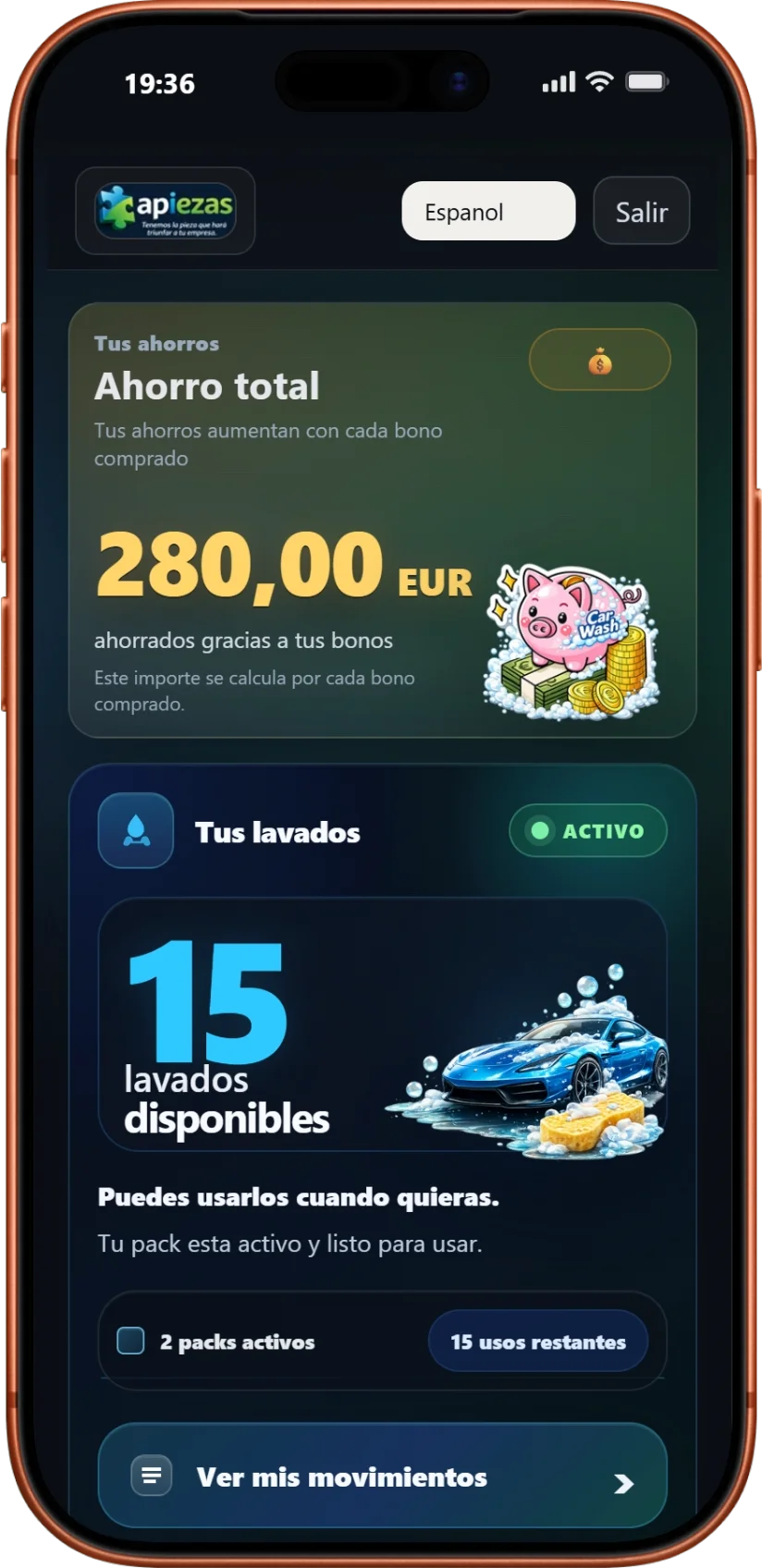 Vista móvil del cliente en Apiezas