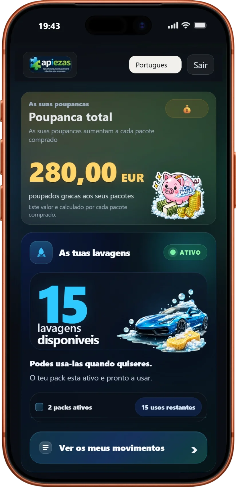 Vista móvel do cliente na Apiezas