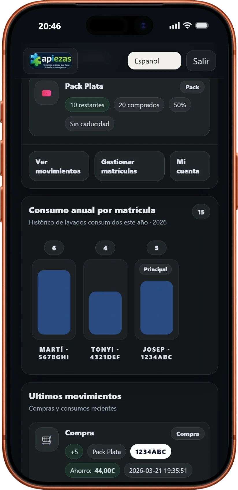 Captura de detalle de movimientos