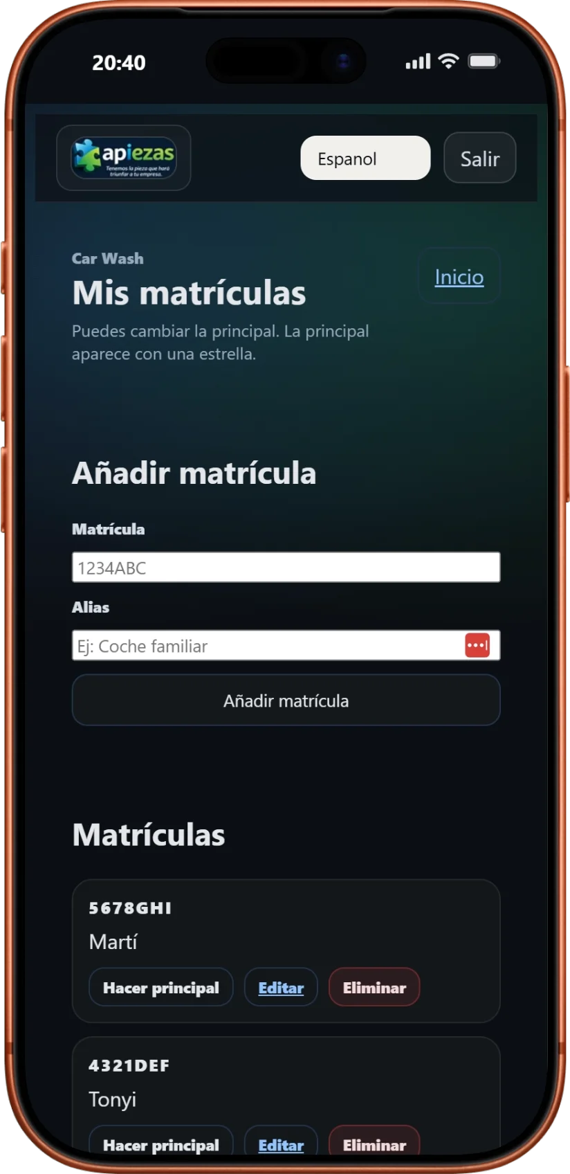 Captura de autorización de matrículas para asociar varios vehículos al mismo cliente